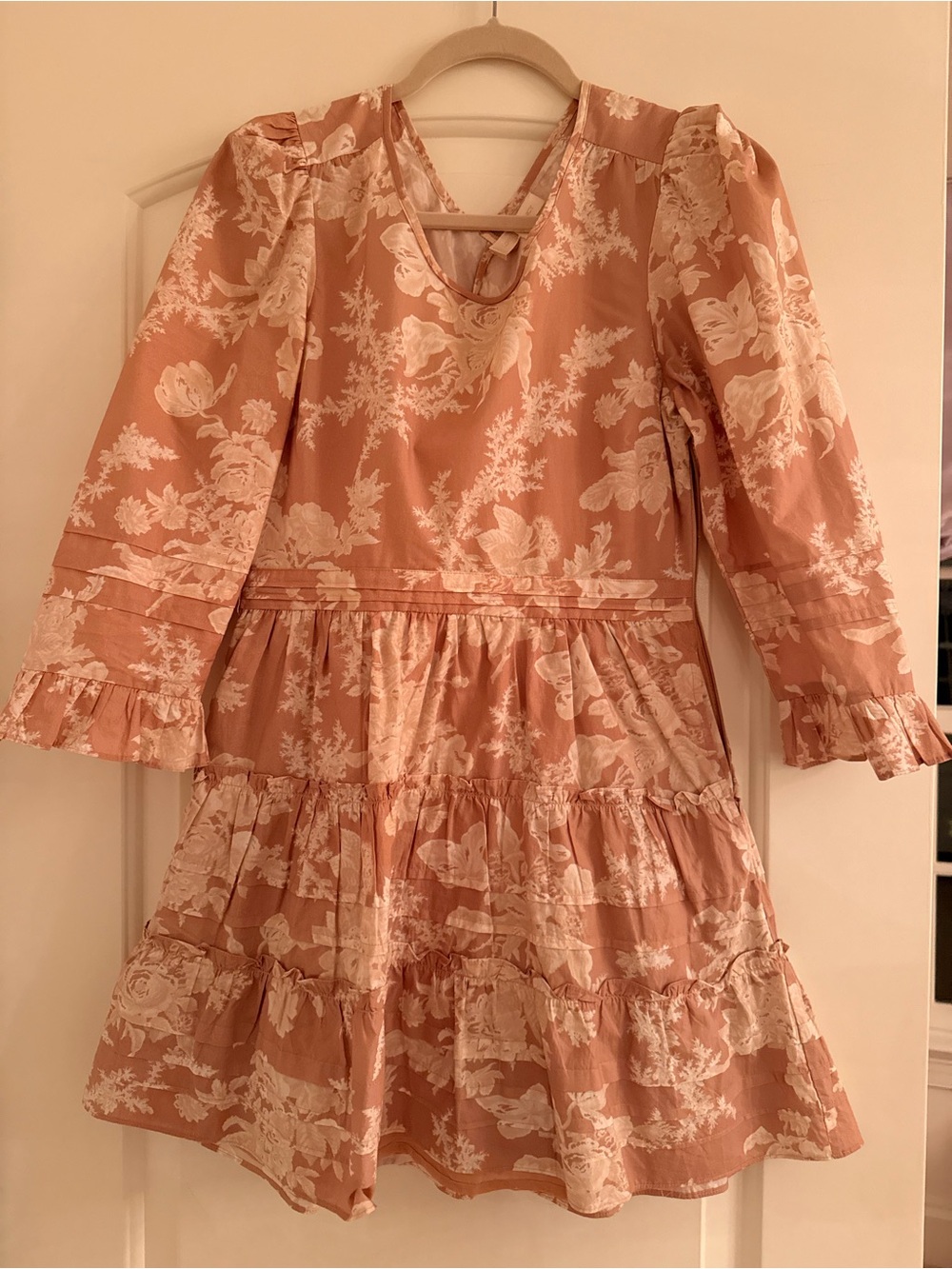 LoveShackFancy Blush Pink Floral Tiered Mini Dress